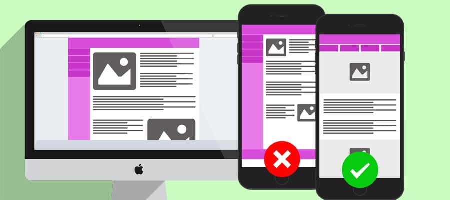 Infographic of a desktop website display and two mobile phones. One phone is mobile-friendly and one is not.