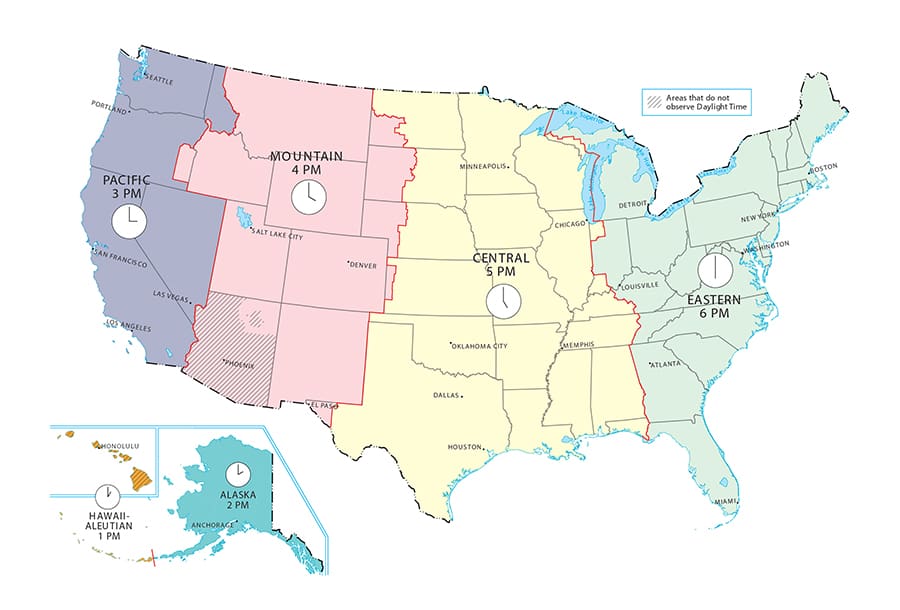 A map of the United States and corresponding time zones.