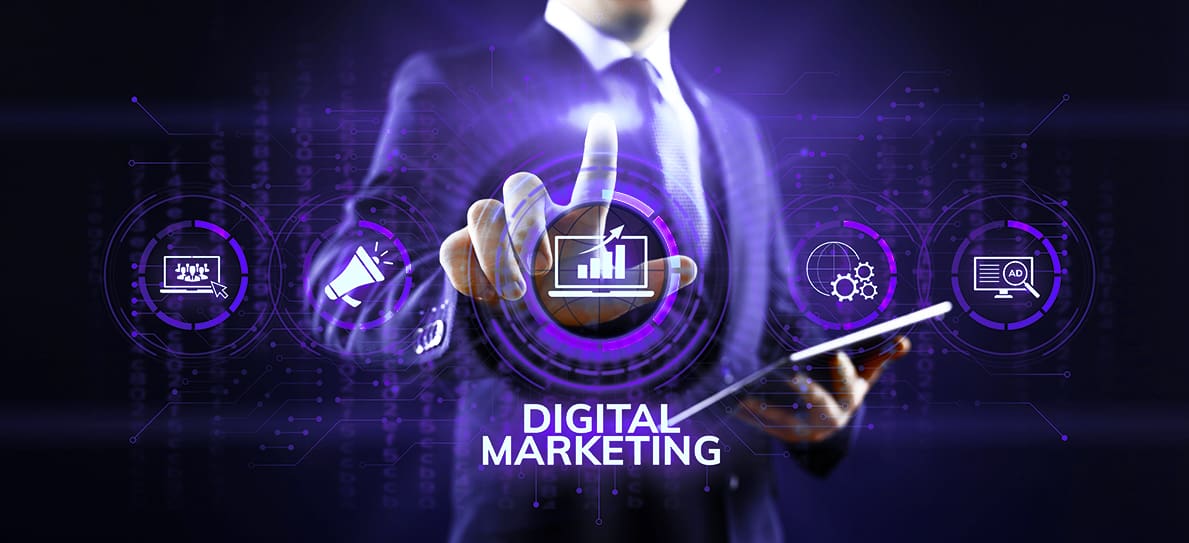 A man holding a tablet is scrolling through digital marketing options with a computerized AI background. He lands on "Digital Marketing."